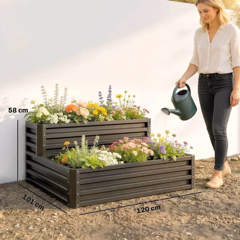VOGREX 2 Tier Galvanised Steel Raised Garden Bed Planter Box in Grey – 2