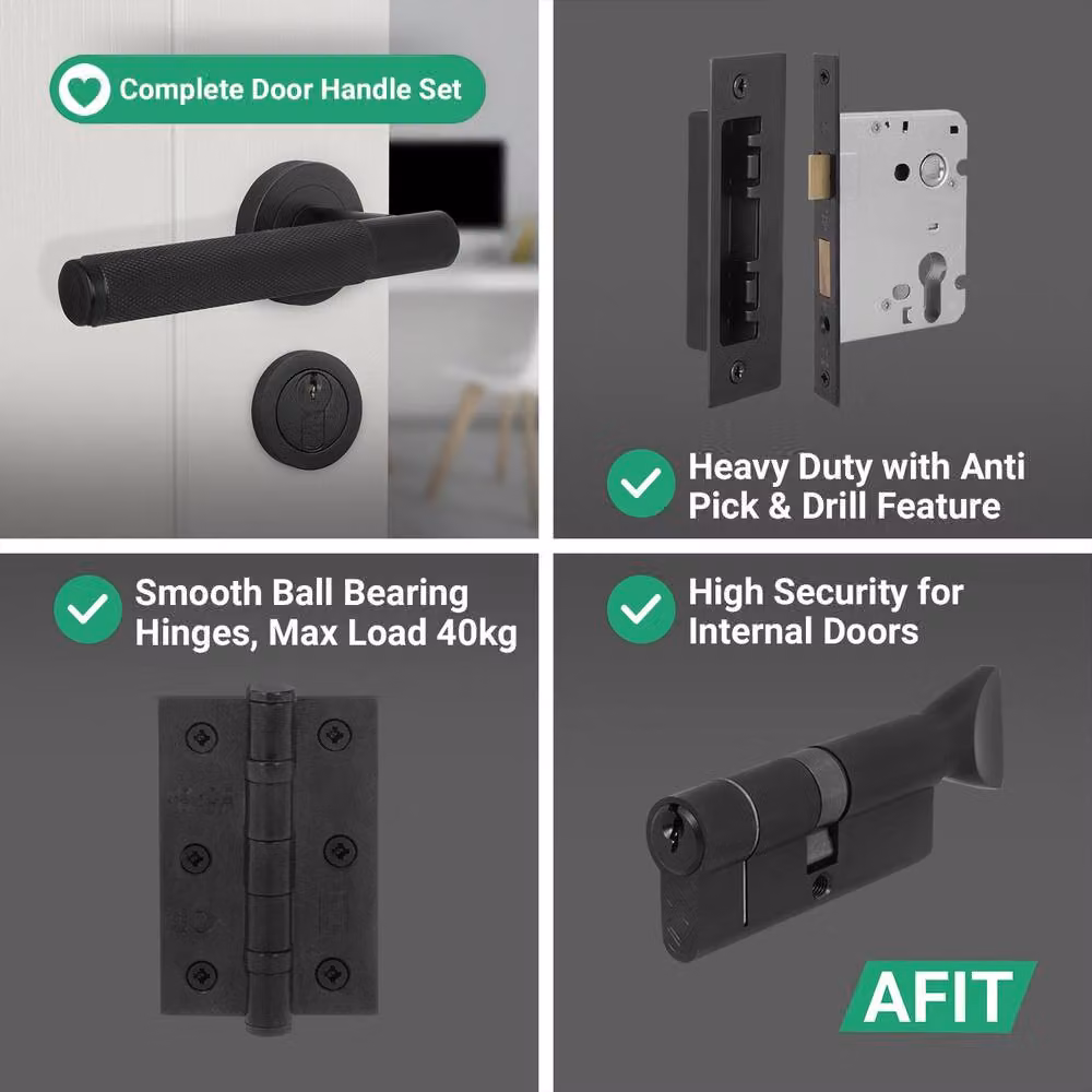 AFIT Matt Black Door Handle Euro Lock Turn Cylinder Set with Hinges, Size: 150 x 150 mm – 7