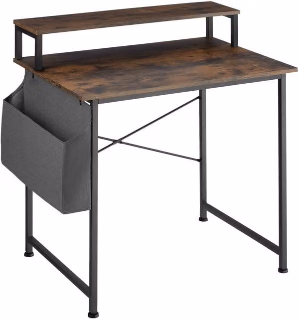 tectake Computer Desk with Shelving and Fabric Storage Bag in Brown and Black