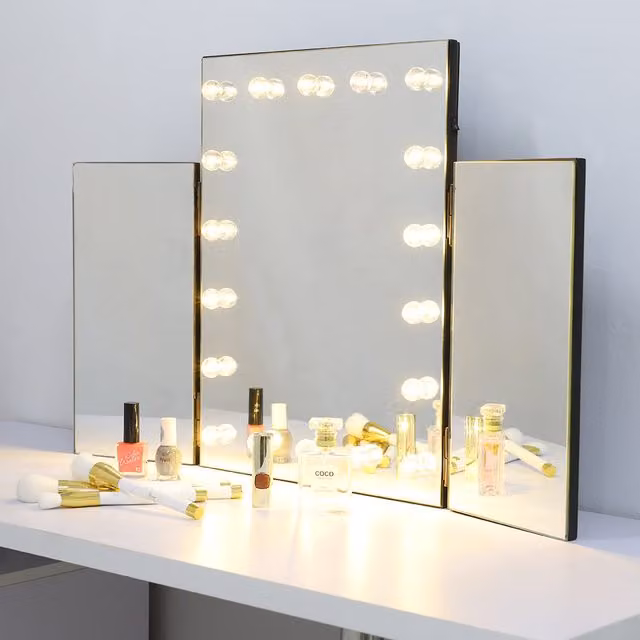 Livingandhome Tri-Fold Tabletop Vanity Makeup Mirror with LED Lights in Silver