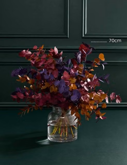 M&S Flower Market Autumnal Eucalyptus Abundance Multicolour Floral Bouquet in a Glass Tabletop Vase