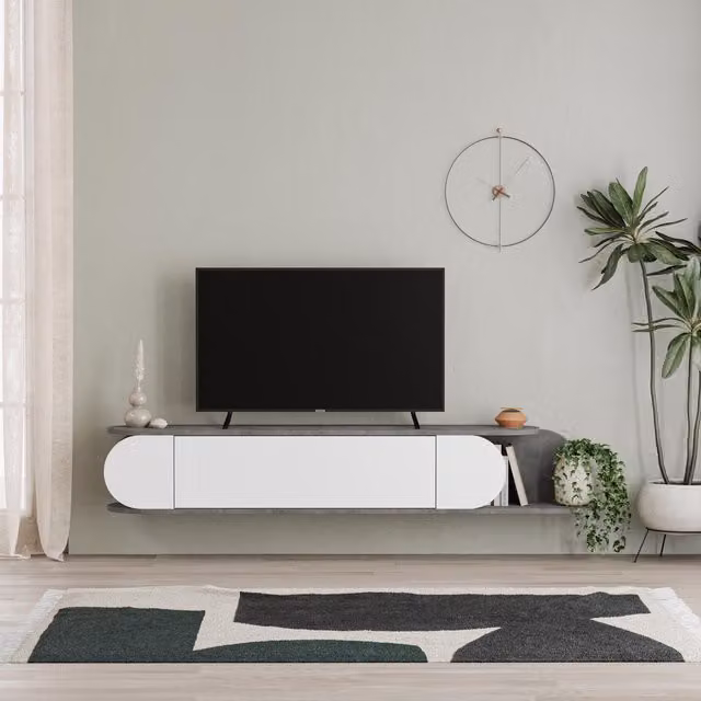 FWStyle Retro Large 1 Door Wall Mounted TV Unit in Grey and White