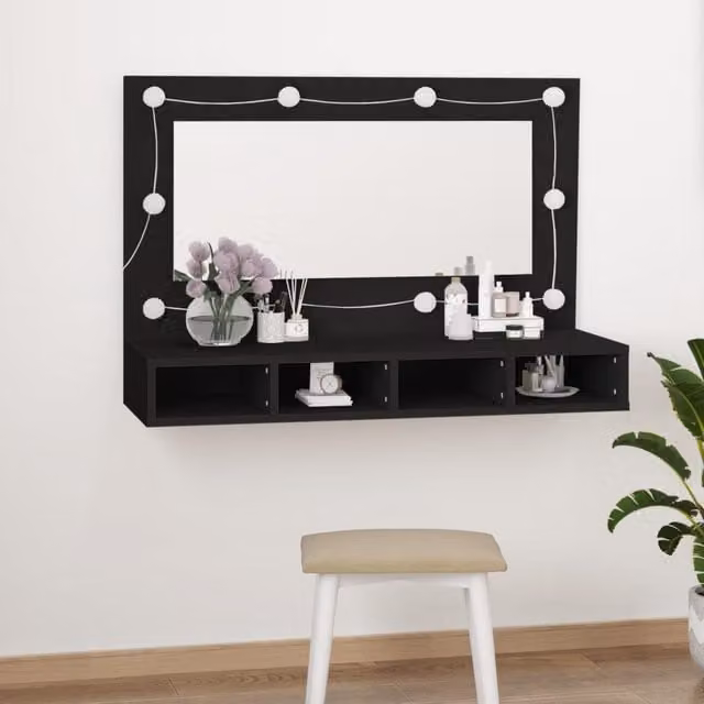 Berkfield Home Modern Black Mirror Cabinet with Integrated LED Lighting, W/D/H: 90 x 31.5 x 62 cm – 1