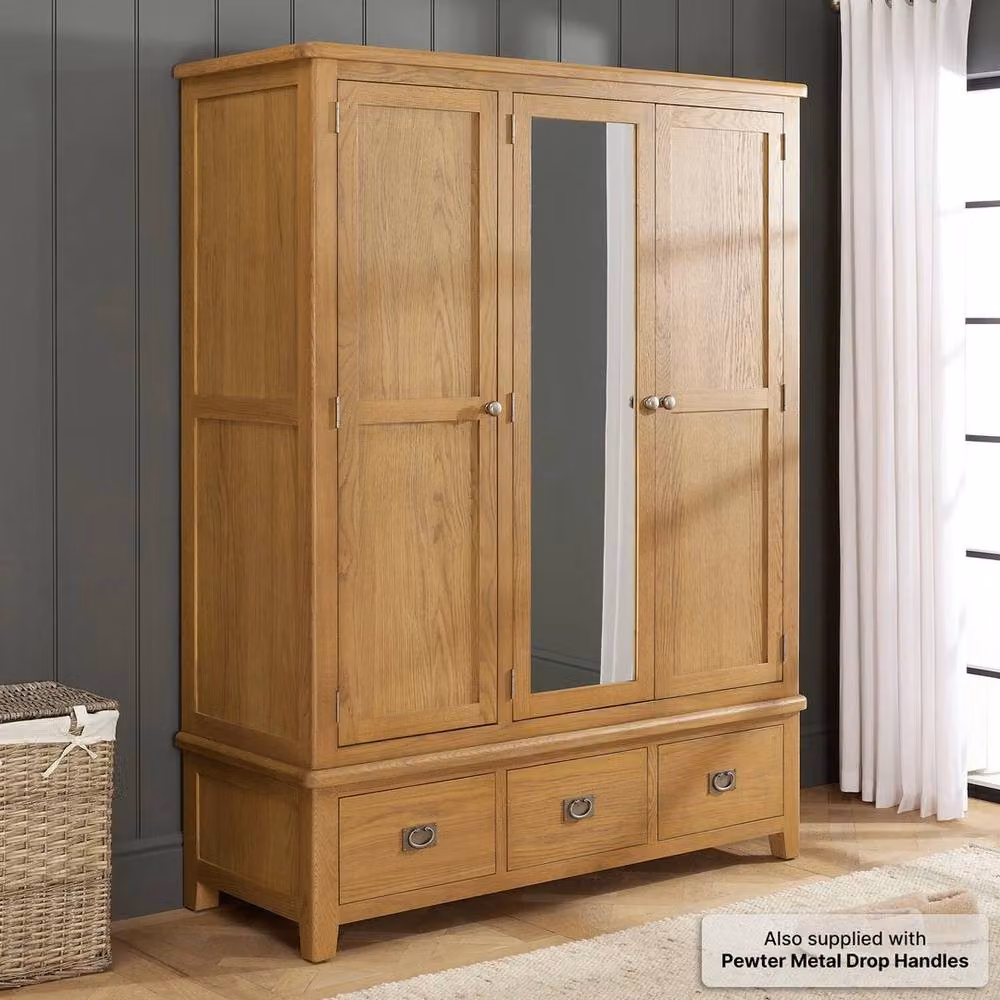 FORGEVIO Rustic Smoked Oak Mirrored Wardrobe with 3 Drawers in Brown – 2