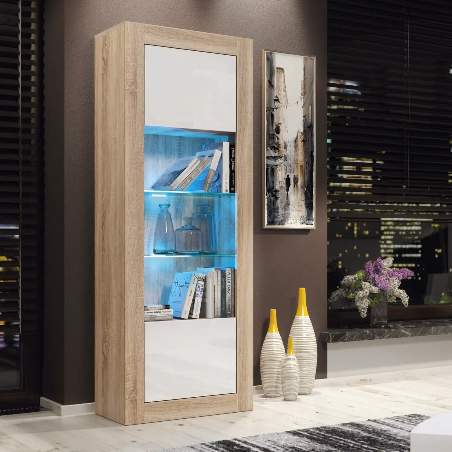 Creative Furniture Illume Modern Sideboard Display Cabinet with White Gloss Doors and Oak Finish, featuring Glass Doors and Integrated Lighting, W/H: 170 x 63 x 35 cm – 4