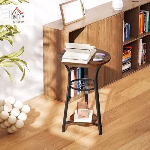 HOMCOM Round Side Table in Rustic Brown and Black with Industrial Design, W/D/H: 38 x 38 x 56.5 cm – 2