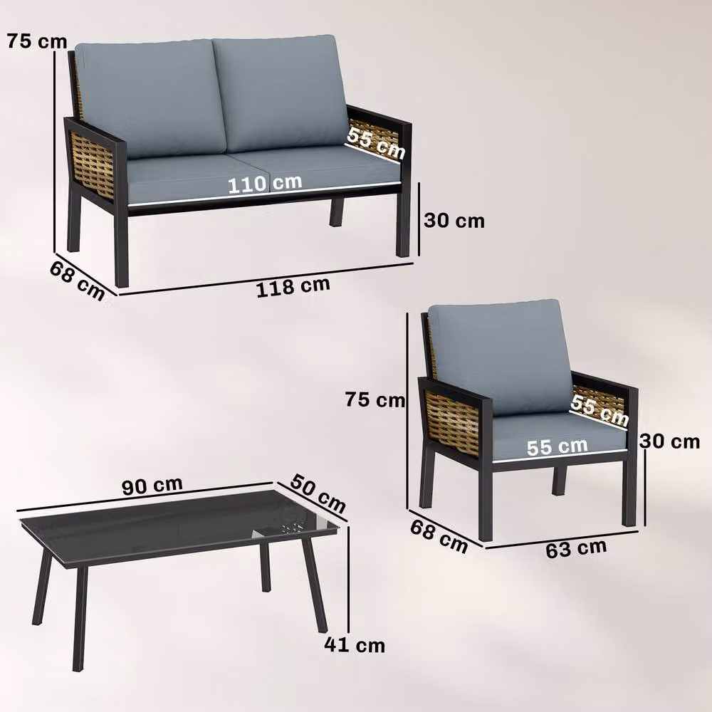 OUTSUNNY Grey Rattan and Metal Garden Furniture Conversation Set – 3