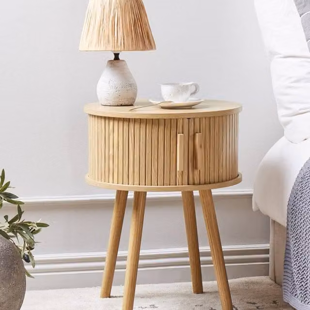 Wyld and Coco Nightstand in Light Brown with Sliding Doors and Pine Legs