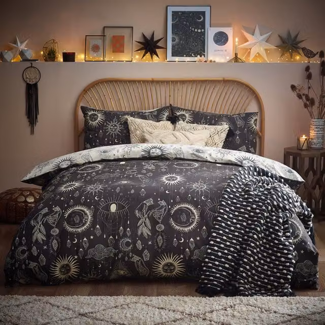 Furn Constellation Celestial Reversible Stars Duvet Cover Bedding Set in Multicolour and Black Polycotton
