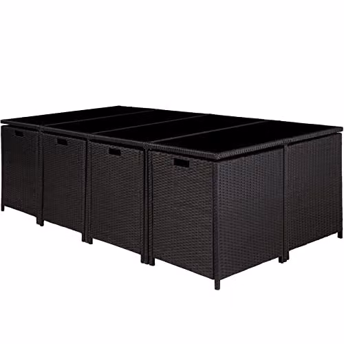 tectake Polyrattan Garden Furniture Set in Black and Grey, Including 8 Dining Chairs, 1 Table, 4 Stools and a Matching Ottoman for Up to 12 People – 4