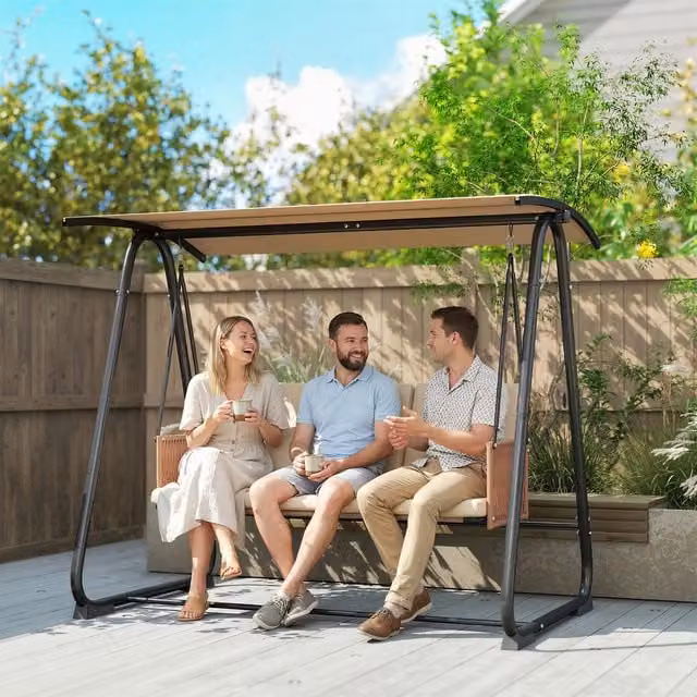 Outsunny 3 Seater Garden Swing Chair with Adjustable Sun Canopy in Sand Brown