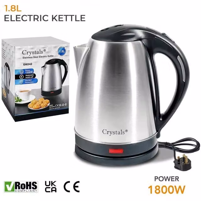 Crystals 1.8L Stainless Steel Electric Kettle with 360 Degree Base and Red LED Light, 1500W, Metallic Silver, Diameter: 24 cm
