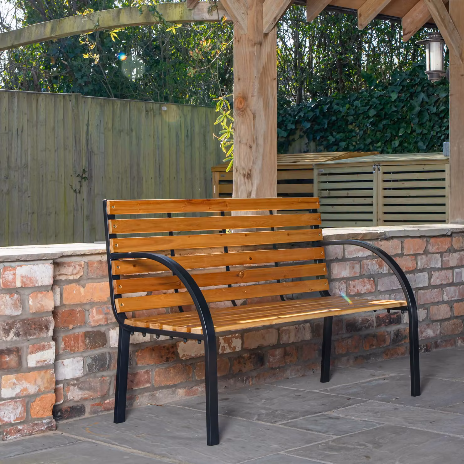 Samuel Alexander Ambleside 2 Person Outdoor Metal and Wood Garden Patio Bench in Brown and Black, W/D/H: 120 x 42 x 86 cm – 2