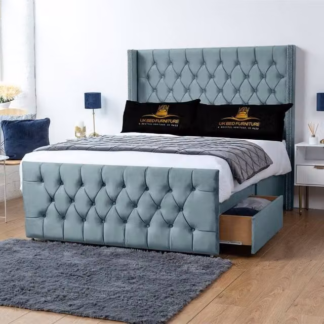 UK Bed Furniture Emily Wingback Divan Bed with 2 Foot End Drawers and 54 Inch Headboard in Light Blue, Size: King (W/D/H: 180 x 200 cm)