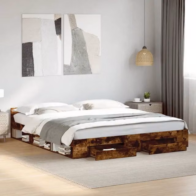 Berkfield Home Super King Bed Frame with Drawers in Smoked Oak Brown, W/D/H: 180 x 200 cm