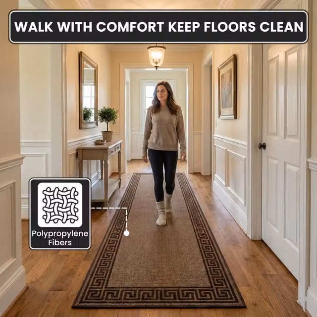 Smart Living Greekey Heavy Duty Non Slip Hallway and Kitchen Door Mat in Brown, W: 67 cm, L: 220 cm