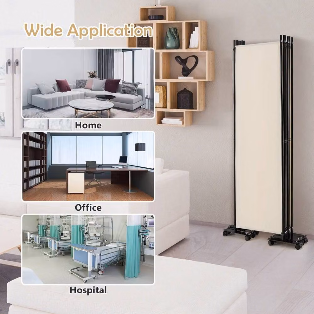 Kelvenix 6-Panel Folding Room Divider Rolling Privacy Screen in Cream, H 172 cm x W 300 cm x D 50 cm – 2