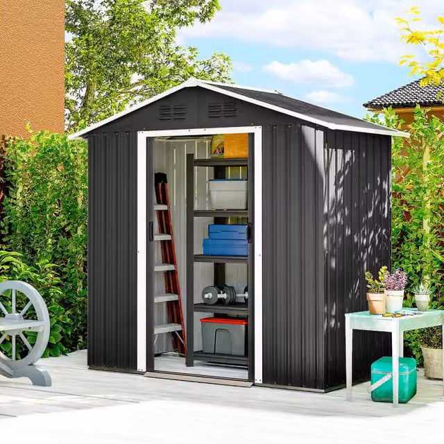 OUTSUNNY Galvanised Steel Metal Garden Shed with Sliding Doors and Side Vent, Grey, W/D/H: 198.1 x 106.7 x 191.0 cm