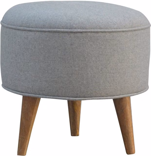 KDMK Grey Checked Fabric Cylindrical Footstool with Mango Wood Frame