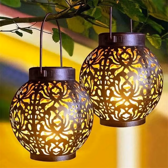 EONLION 2-Piece Solar Powered LED Moroccan Metal Lanterns in Bronze, Height: 100 cm