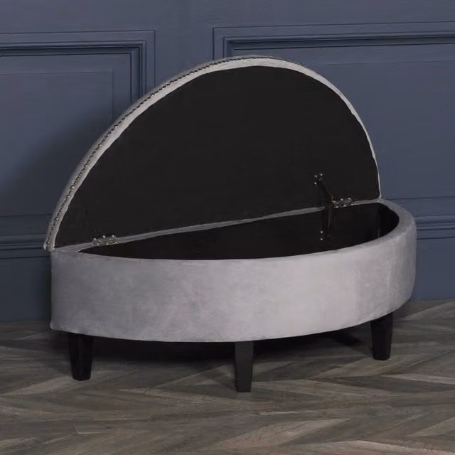 Glasstone Grey Velvet Rectangular Storage Pouf Ottoman W/D/H: 108.5 x 44 x 37.5 cm