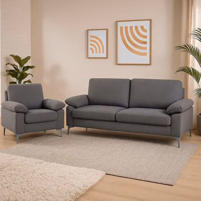 Kosy Koala Modern Grey Fabric Sofa and 1 Seater Set with Scatter Cushions and Chrome Feet