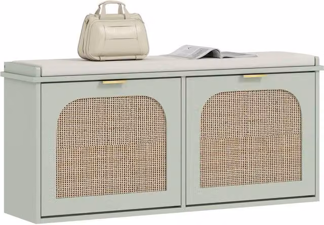 KORVIXA Boho Rattan Shoe Bench with Green Fabric Seat Cushion for Hallways
