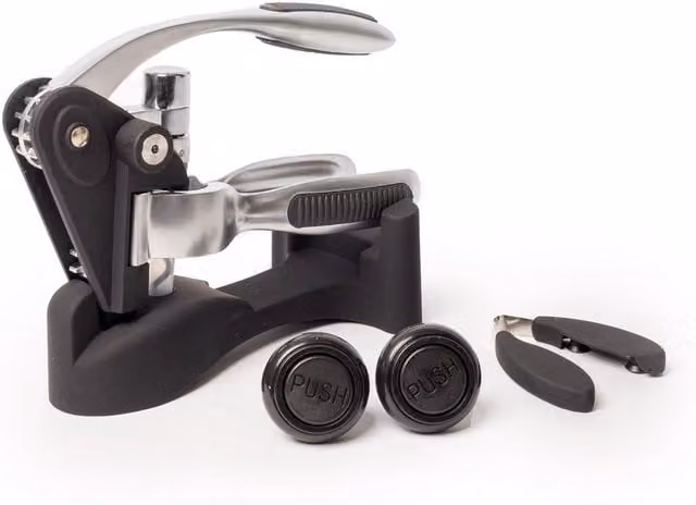 BarCraft 4-Piece Wine Accessories Set in Silver, Black and Multicolour with Lever Arm Corkscrew, Foil Cutter and 2x Vacuum Bottle Stoppers