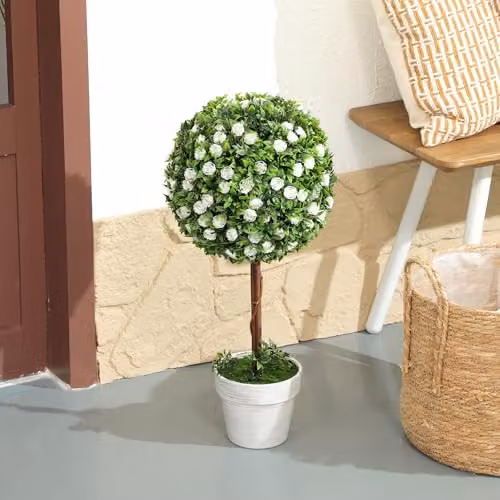 HOMCOM Set of 2 Decorative Artificial Rose Ball Topiary Trees in White, Pink and Green, Height: 60 cm – 5