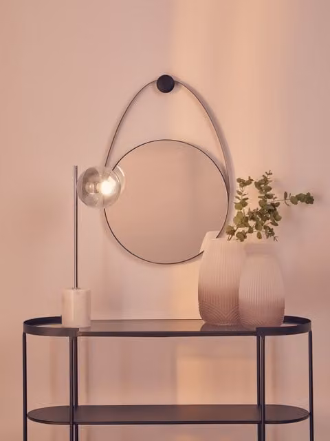 Orsina Oval Art Deco Hanging Wall Mirror in Black Metal and Glass