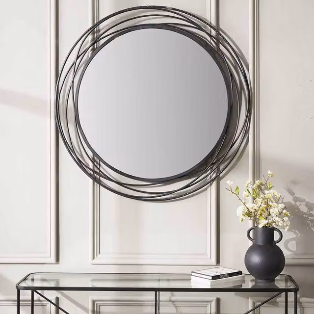 Pacific Lifestyle Abstract Swirl Round Wall Mirror in Black and Gold