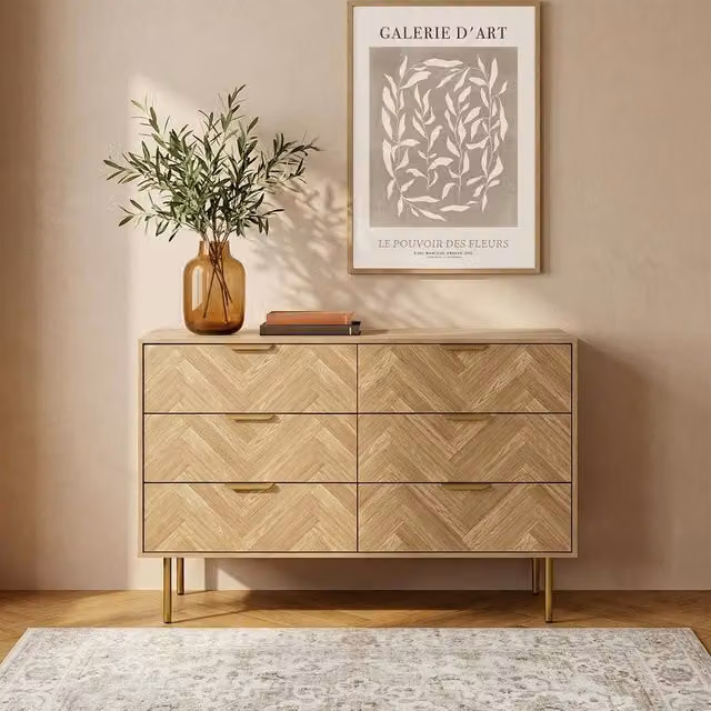 OHS Chevron 6 Drawer Chest of Drawers and Sideboard Storage Unit in Light Oak