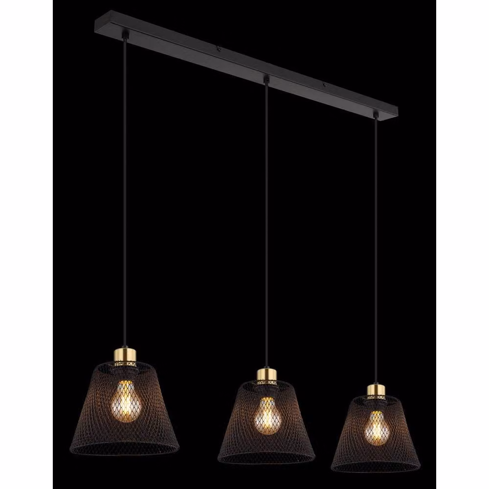 Netlighting Baku Bar Pendant Ceiling Light in Black and Gold/Brass with 3x E27 Bulbs – 6