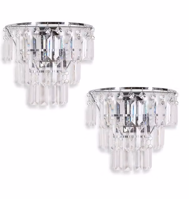 Kelsks Pair of Acrylic Jewel Droplet Shade Chrome Stem Wall Lights in Silver