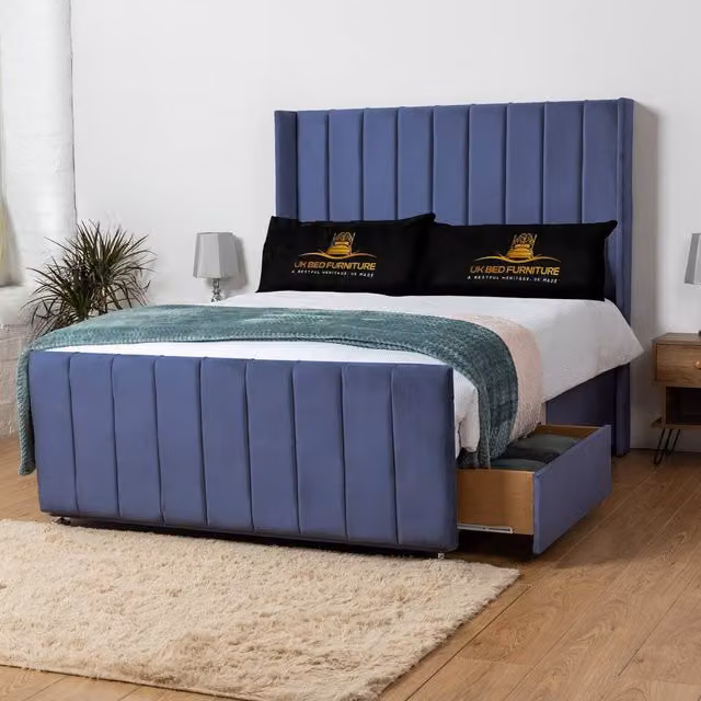 UK Bed Furniture Seoul Blue Velvet Wingback Divan Bed with 54 Inch Headboard and 2 Drawers, Size: Super King (W/D/H: 200 x 200 cm)