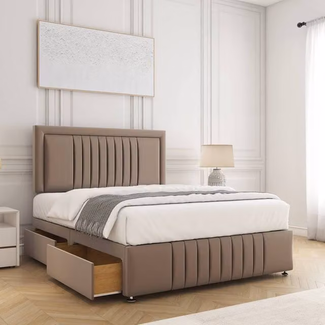 BSSPOKE Lily Double Divan Bed with 24 inch Headboard, 2 Drawers and Mattress in Bronze Plush Velvet, W/D/H: 140 x 200 cm