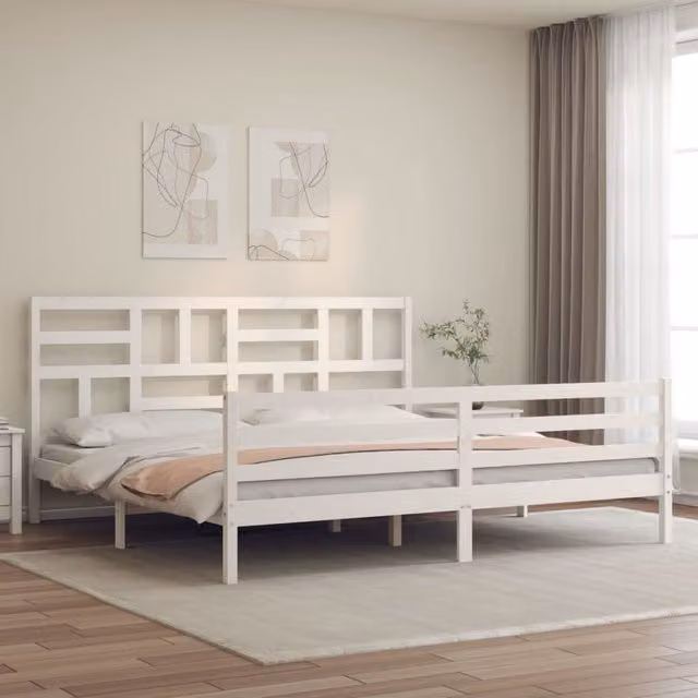Berkfield Home White Solid Pine Wood Bed Frame with Headboard 200 x 200 cm