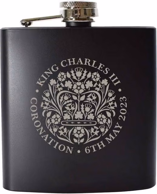 Uniqueful Personalised Commemorative Coronation of the King Black Stainless Steel Hip Flask – 1