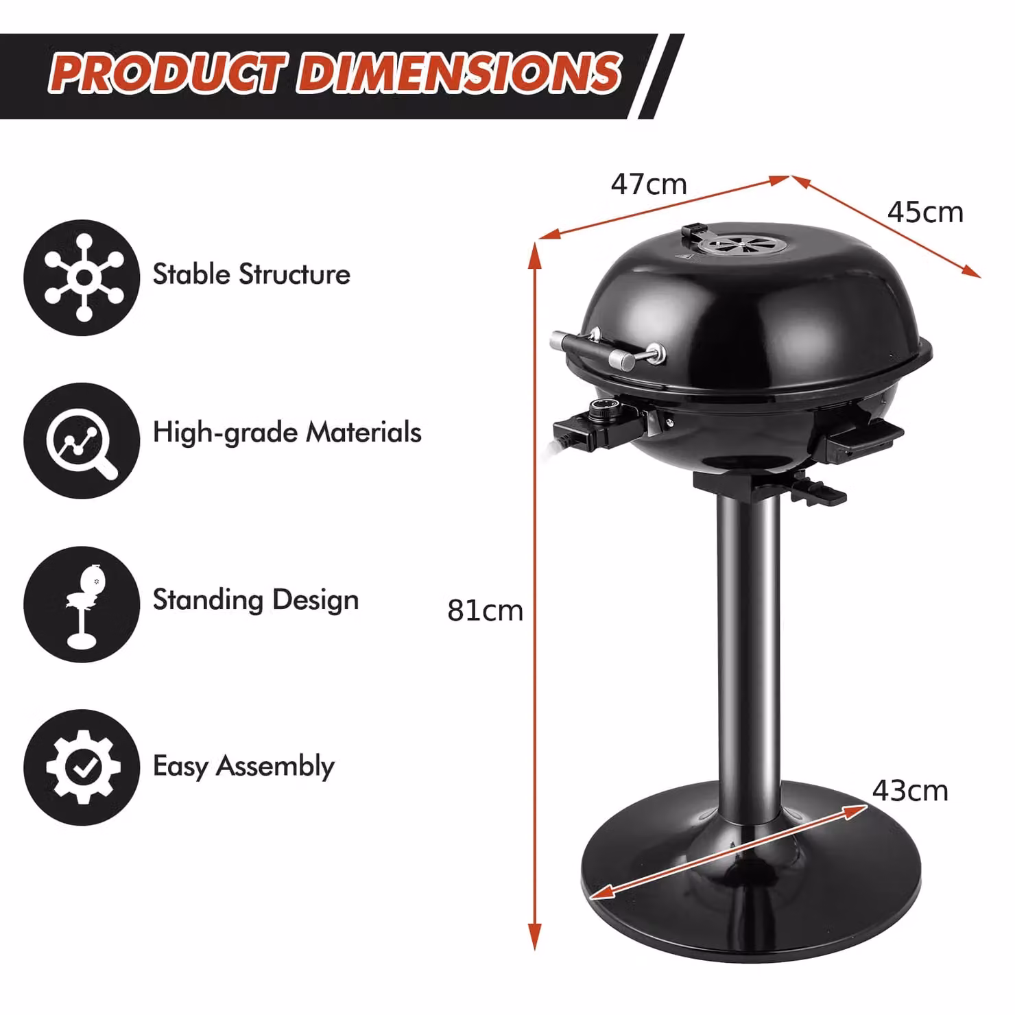 Costway Electric BBQ Grill with Grilling Rack and Cart, Black, H 81 x W 45 x D 47 cm – 2