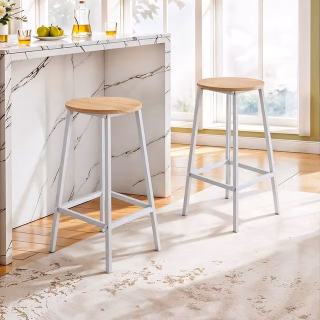 Komore Set of 2 Industrial Style Bar Stools with Footrest in White
