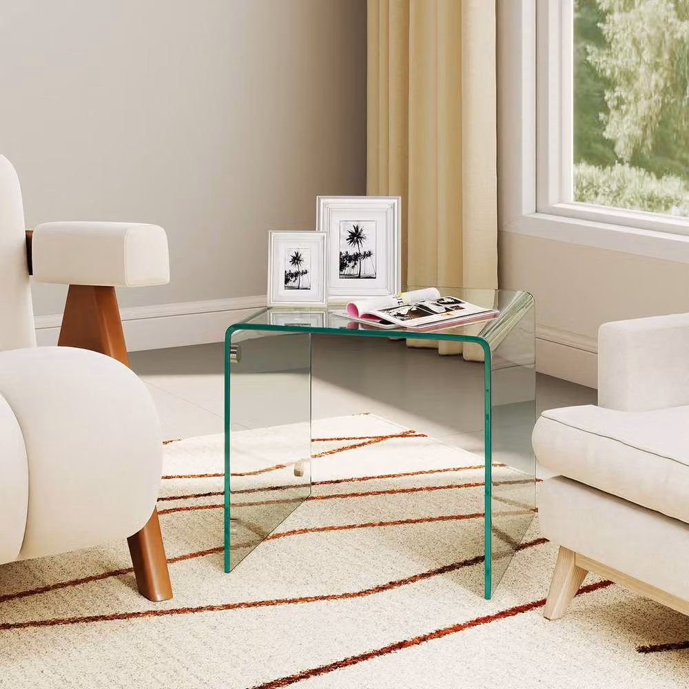 Gymax C-Shaped Tempered Glass Side Table with 2-Tier Shelf and 4 Lockable Wheels in Clear – 3