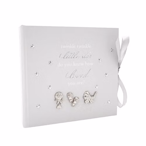 Happy Homewares Twinkle Twinkle Baby Shower Keepsake Photo Album in Grey with Silver Plated Diamante Rattle, Pram and Booties