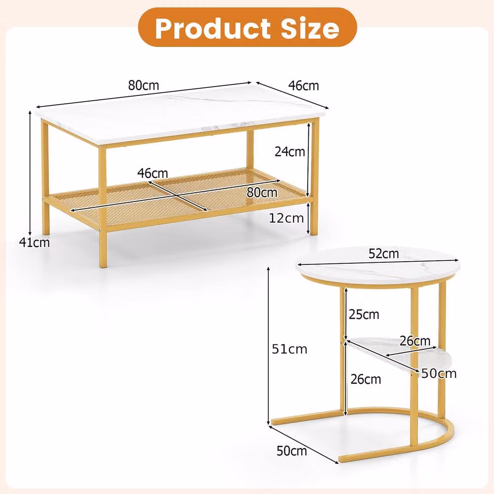 Costway 2-in-1 Nesting Faux Marble Coffee Table and Detachable Side Table Set in White and Multicolour – 2
