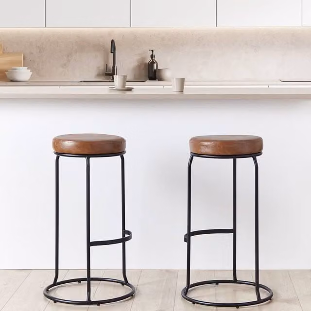 Wyld and Coco Brown Faux Leather Bar Stools 2-Pack with Black Metal Legs – 1