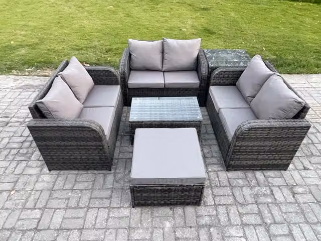 Fimous 7 Seater Grey Rattan Garden Furniture Set with U-Shape Sofa, Coffee Table and Ottoman
