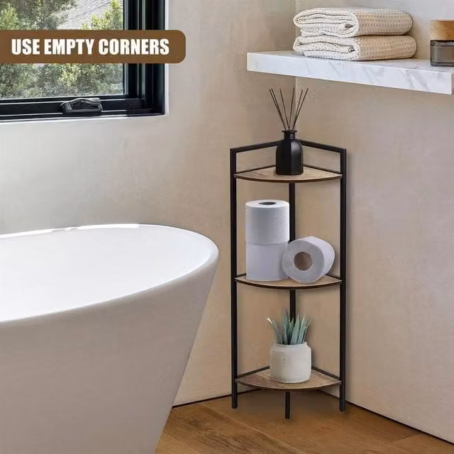 EONLION 3 Tier Freestanding Corner Shelf Unit in Brown and Black Wood and Metal