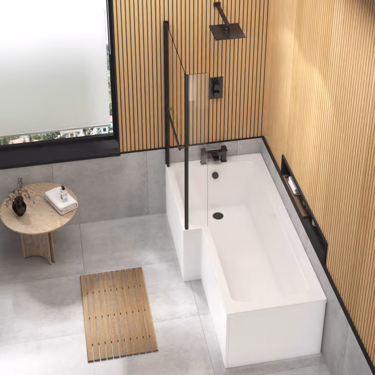 Qubix Left Hand L Shaped Asymmetric Shower Bath with Front Panel and Black Shower Screen, White, W: 160 cm, D: 85 cm