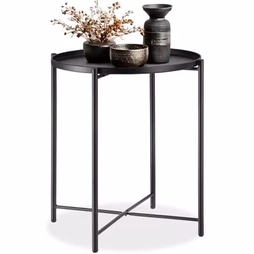 tectake Round Side Table in Black Minimalist Design with Height-Adjustable Feet, W/D/H: 45.5 x 45.5 x 53 cm