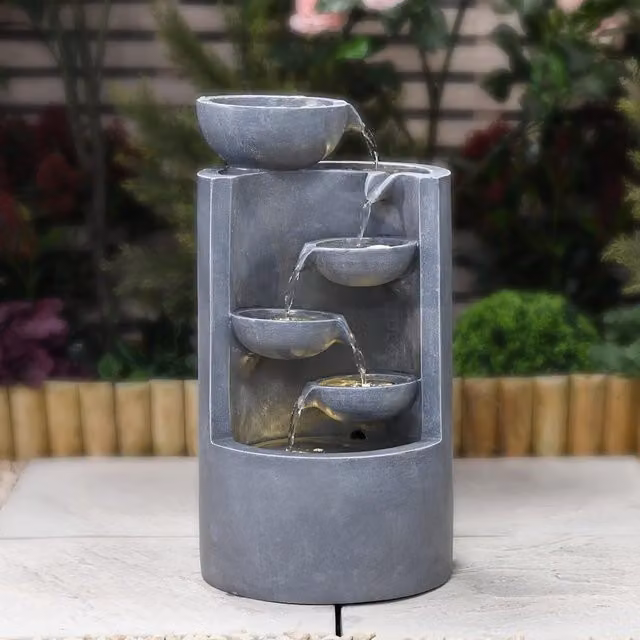 Serenity Modern Round Four Bowl Cascading Tabletop Water Feature with LED Lights in Grey Stone