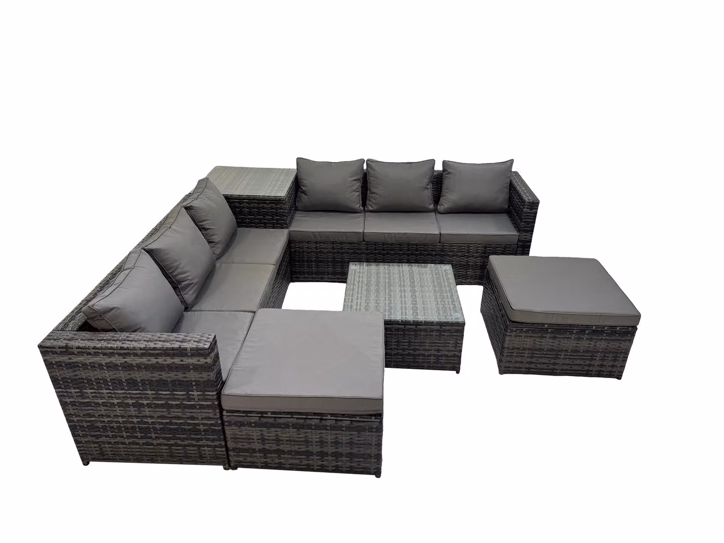 Fimous 8 Seater L-Shape Rattan Garden Furniture Set in Dark Grey with Upholstered Cushions, Coffee Table and 2 Ottomans – 2